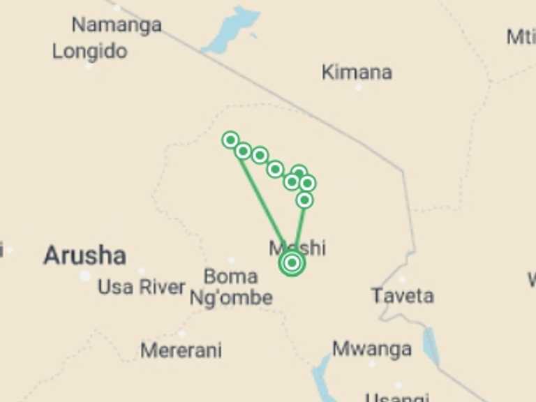 Map of 7-Day Moshi Tour with 8 destination visits for the trip: Mount  Kilimanjaro Climbing  7-Day Lemosho Route