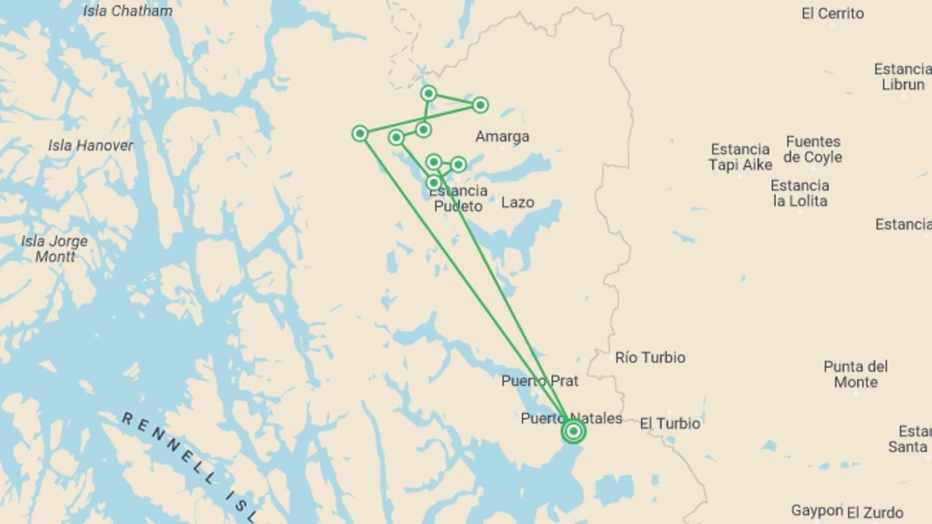 A map showing the tour itinerary for the trip: Torres del Paine O Circuit - TOP Trekking!, starting in Puerto Natales, Chile and ending in Puerto Natales, Chile going through 9 other destinations.