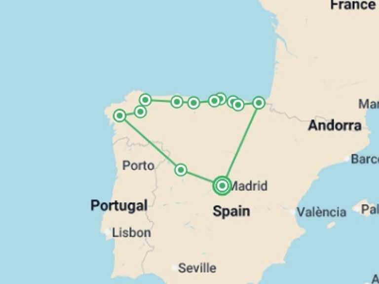 Map itinerary of Spain Tour in March 2027 with 6 destination visits for the trip: Madrid & Northern Spain Loop - 10 days