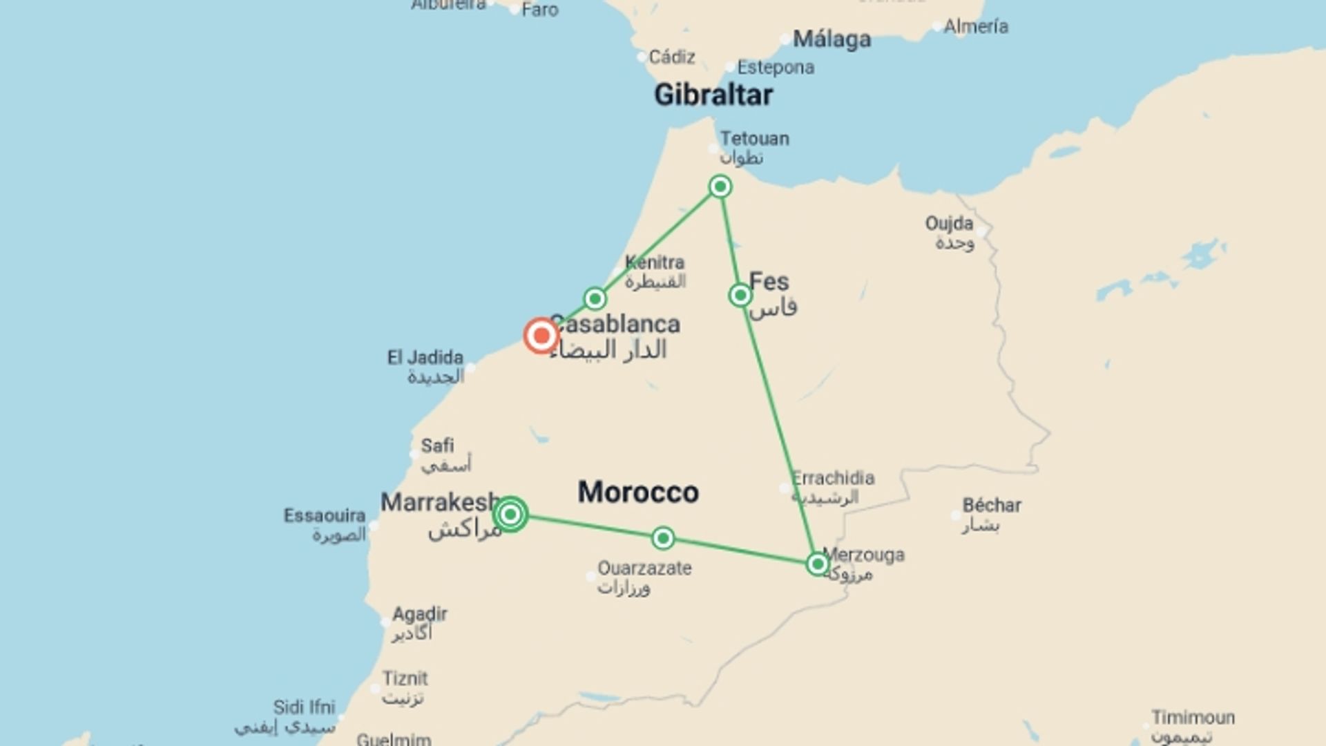 A map showing the tour itinerary for the trip: Morocco Honeymoon Journey: Marrakech, Sahara, Chefchaouen, starting in Marrakech, Morocco and ending in Casablanca, Morocco going through 6 other destinations.