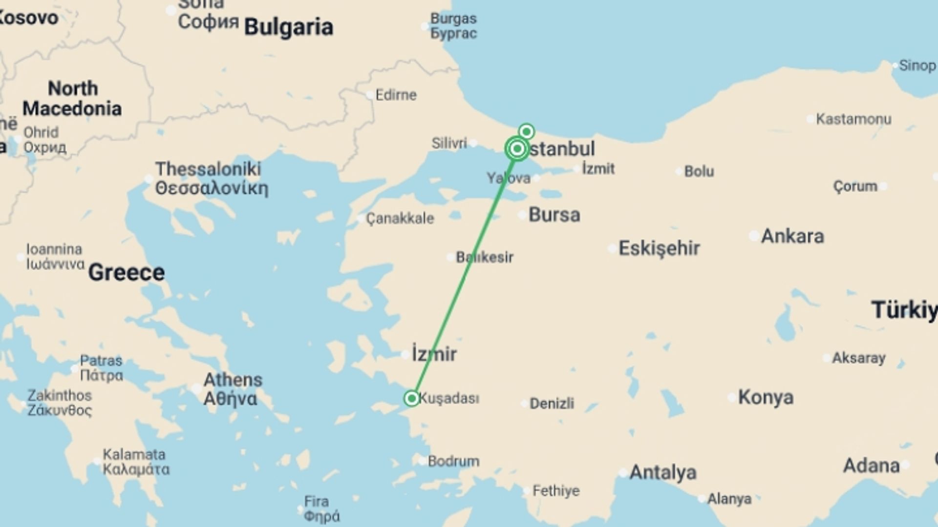 A map showing the tour itinerary for the trip: Istanbul to Ephesus Cultural Odyssey - 6 days, starting in Istanbul, Turkey and ending in Istanbul, Turkey going through 2 other destinations.