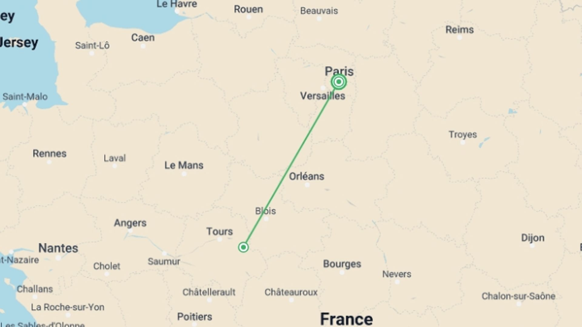 A map showing the tour itinerary for the trip: Two-day Mont Saint-Michel, D-Day & Three Castles, starting in Paris, France and ending in Paris, France going through 3 other destinations.