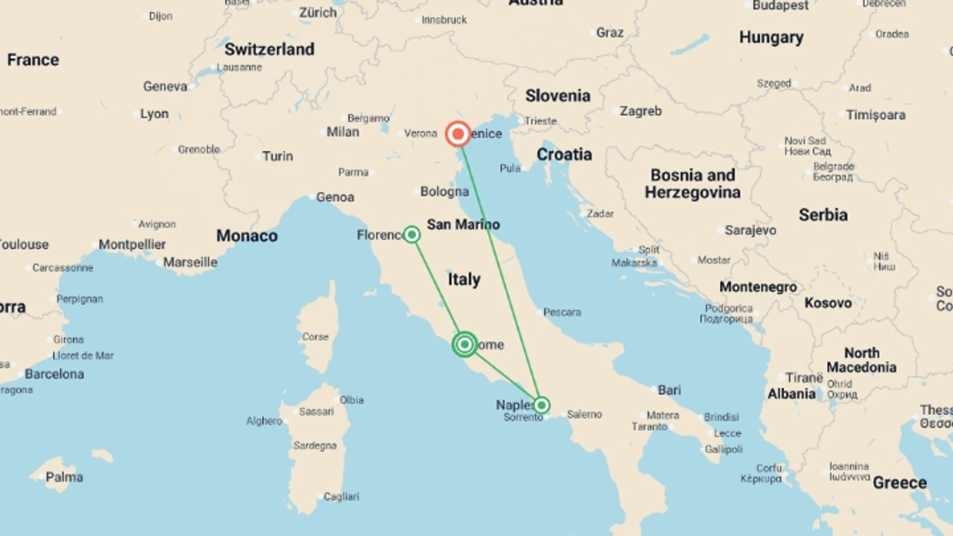 A map showing the tour itinerary for the trip: In the Footsteps of Caravaggio: Florence to Naples, starting in Rome, Italy and ending in Italy going through 1 other destinations.