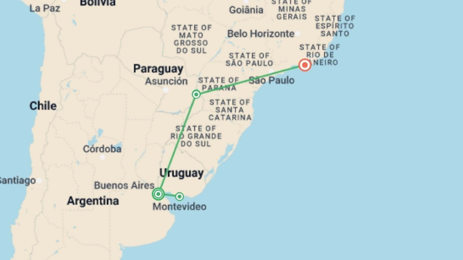 A map showing the tour itinerary for the trip: Argentina, Uruguay and Brazil Discovery, starting in Buenos Aires, Argentina and ending in Rio de Janeiro, Brazil going through 3 other destinations.