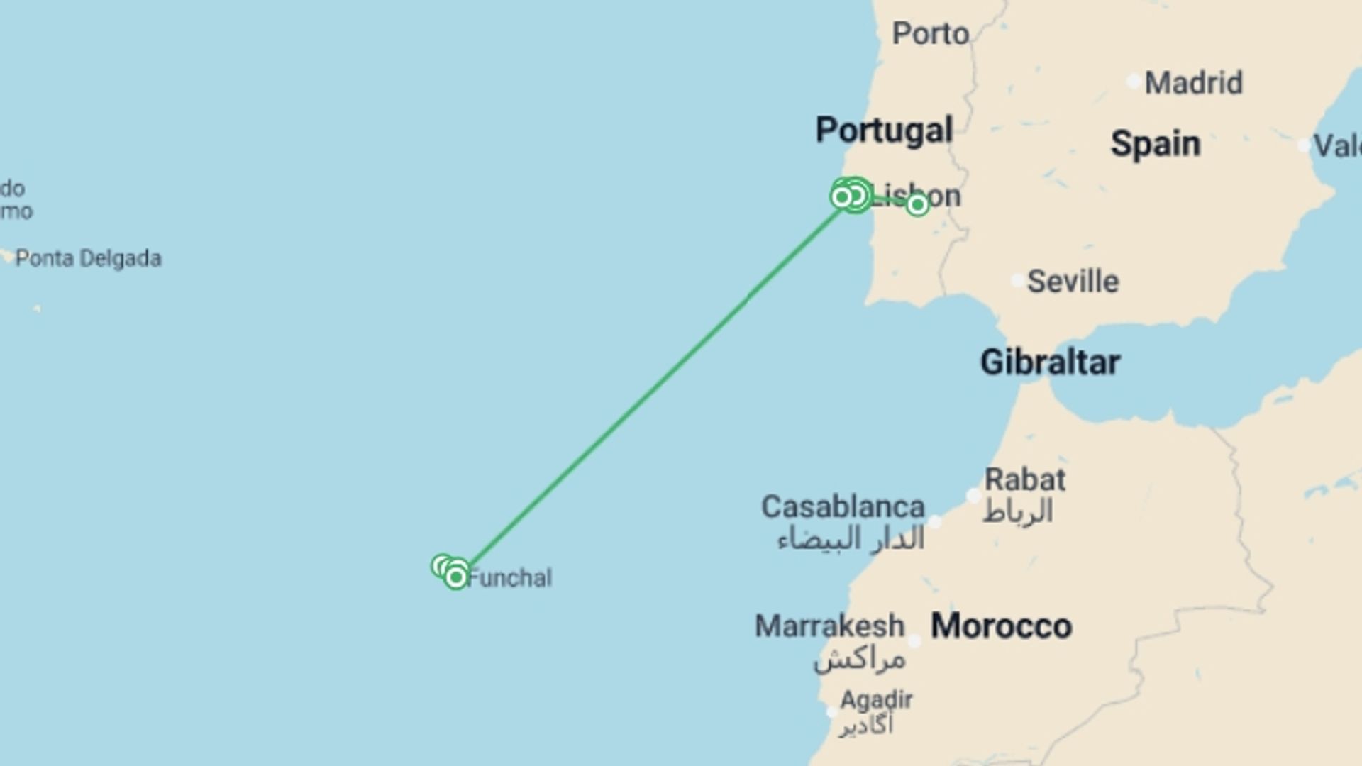 A map showing the tour itinerary for the trip: Lisbon to Madeira Discovery - 9 days, starting in Lisbon, Portugal and ending in Lisbon, Portugal going through 1 other destinations.