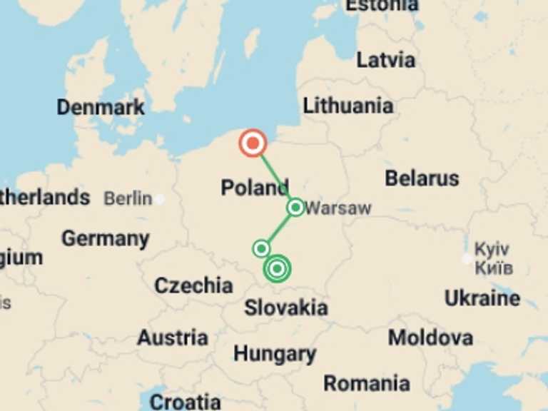 Map itinerary of Krakow Tour in Summer with 3 destination visits for the trip: Highlights of Poland - 7 Days