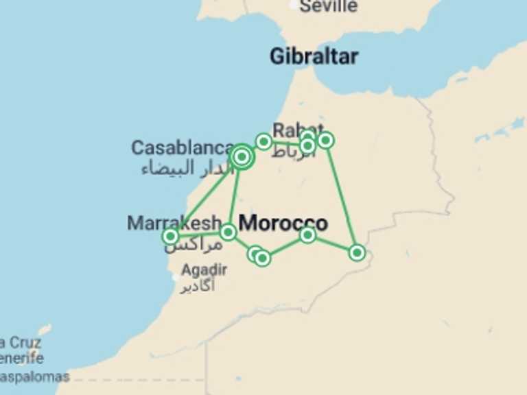 Map itinerary of Morocco Tour in Summer with 8 destination visits for the trip: Casablanca to Essaouira - 13 days