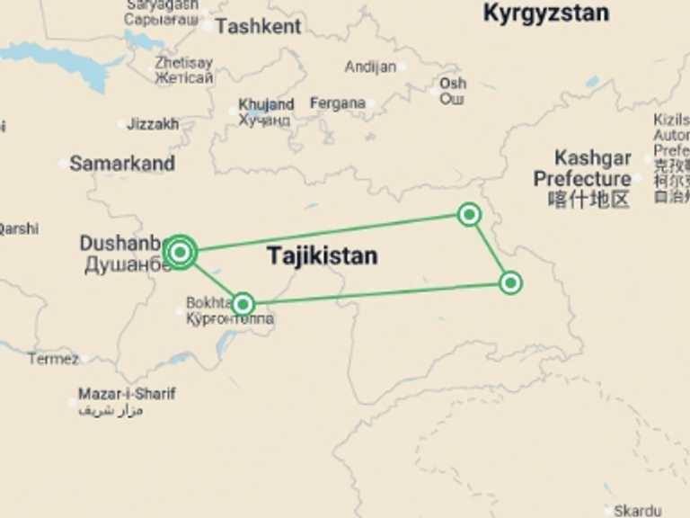 Map of Central Asia Tour with 4 destination visits for the trip: Tajikistan Expedition: Pamir Highway & beyond
