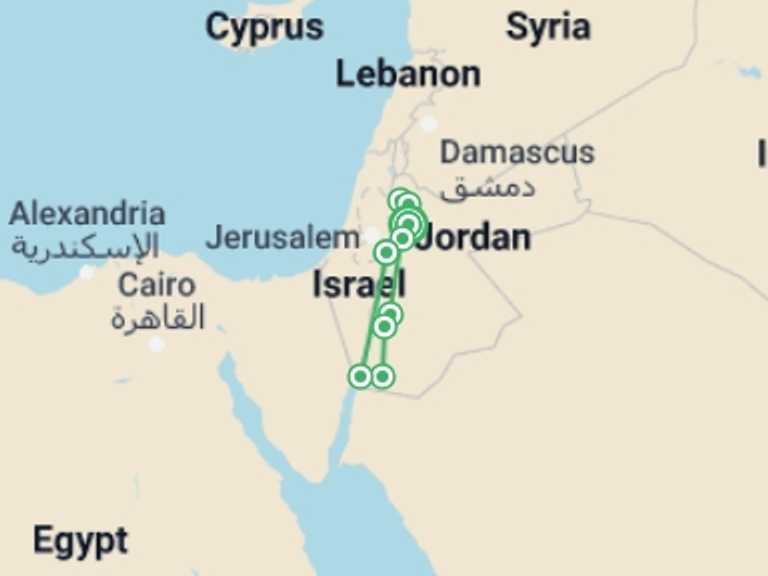 Map of 7-Day Middle East Tour with 7 destination visits for the trip: Seven Day Private Tour of Jordan