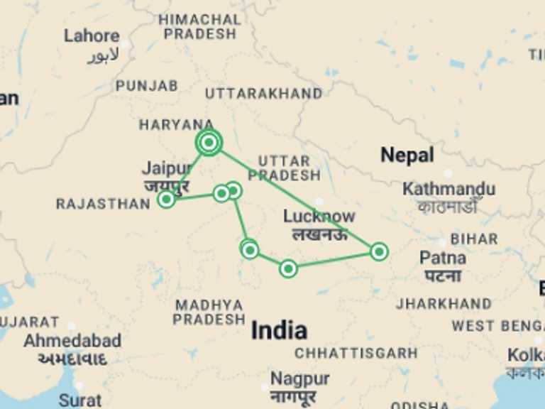 Map of 12-Day New Delhi Tour with 5 destination visits for the trip: India Golden Triangle with Khajuraho & Ganges