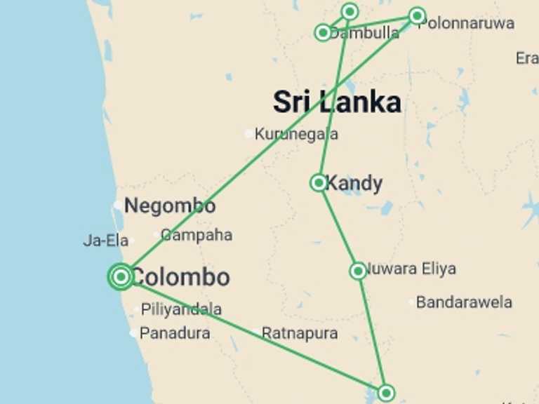 Map of 8-Day Asia Tour with 5 destination visits for the trip: Colombo, Caves & Kandy - 8 days