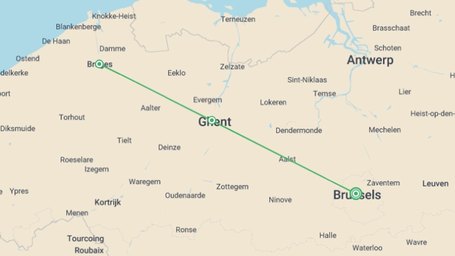 A map showing the tour itinerary for the trip: An Enchanting Cruise: Exploring the Christmas Markets in Ghent and Bruges (port-to-port cruise), starting in Alsace & Lorraine, France and ending in Alsace & Lorraine, France going through 3 other destinations.