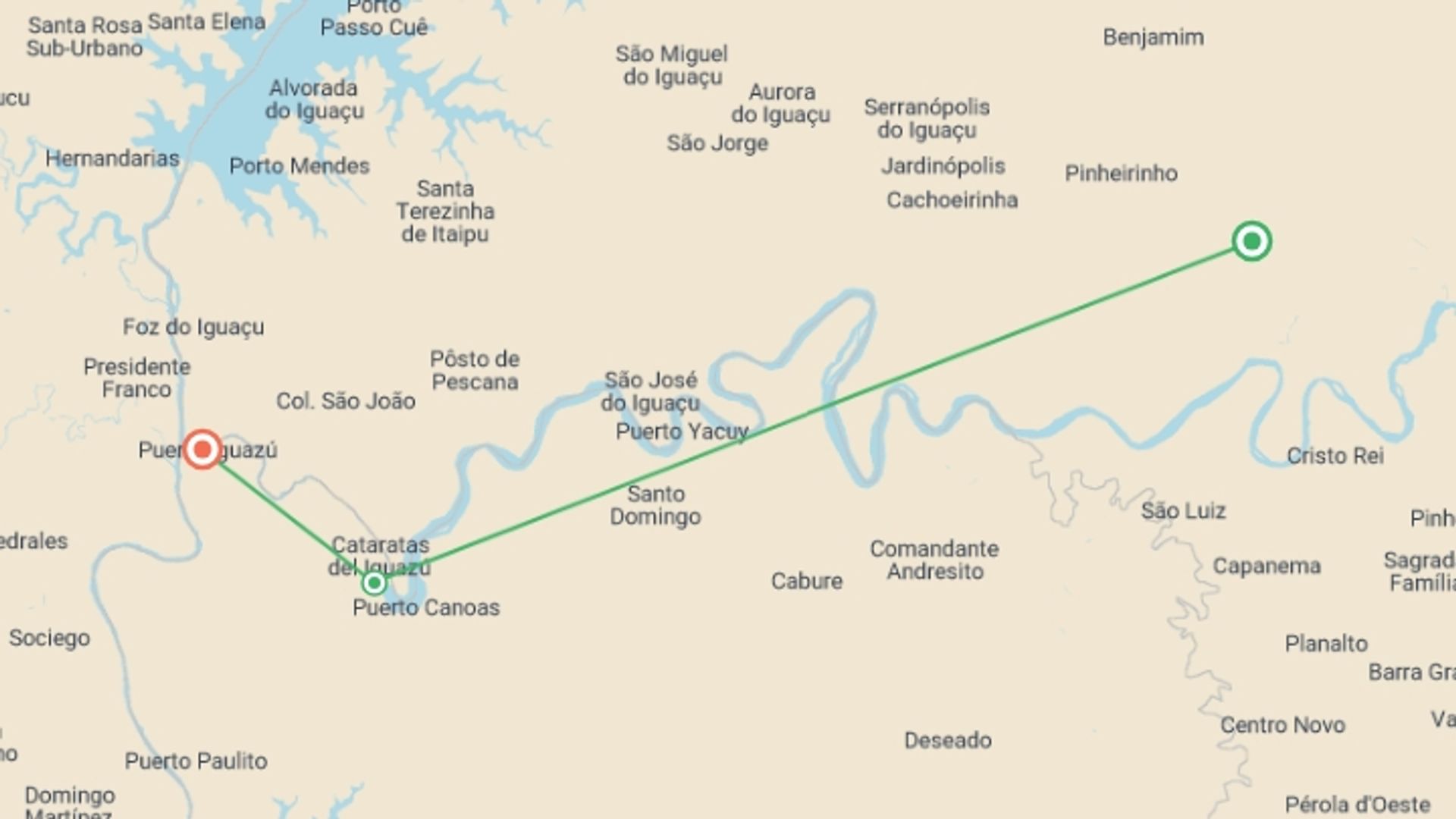 A map showing the tour itinerary for the trip: 3-Day Iguazu Luxury Tour, starting in Misiones, Argentina and ending in Misiones, Argentina going through 3 other destinations.