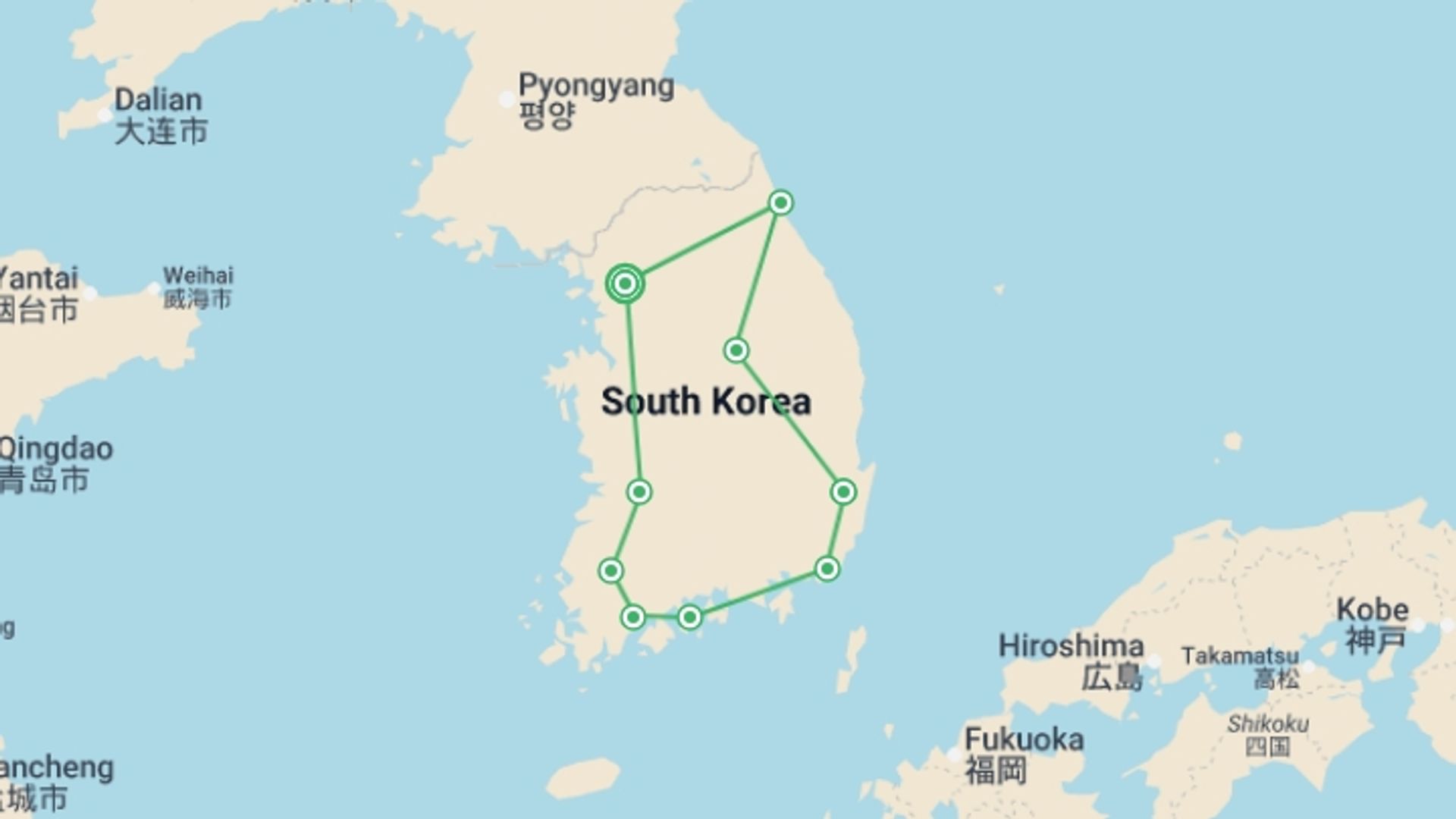 A map showing the tour itinerary for the trip: Spectacular South Korea 4 star - 12 days, starting in Seoul, South Korea and ending in Seoul, South Korea going through 6 other destinations.