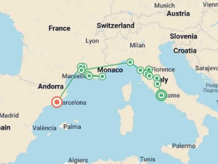 Map itinerary of Mediterranean Tour in September 2026 with 6 destination visits for the trip: Rome, Tuscany, Côte d Azur, Provence and Barcelona