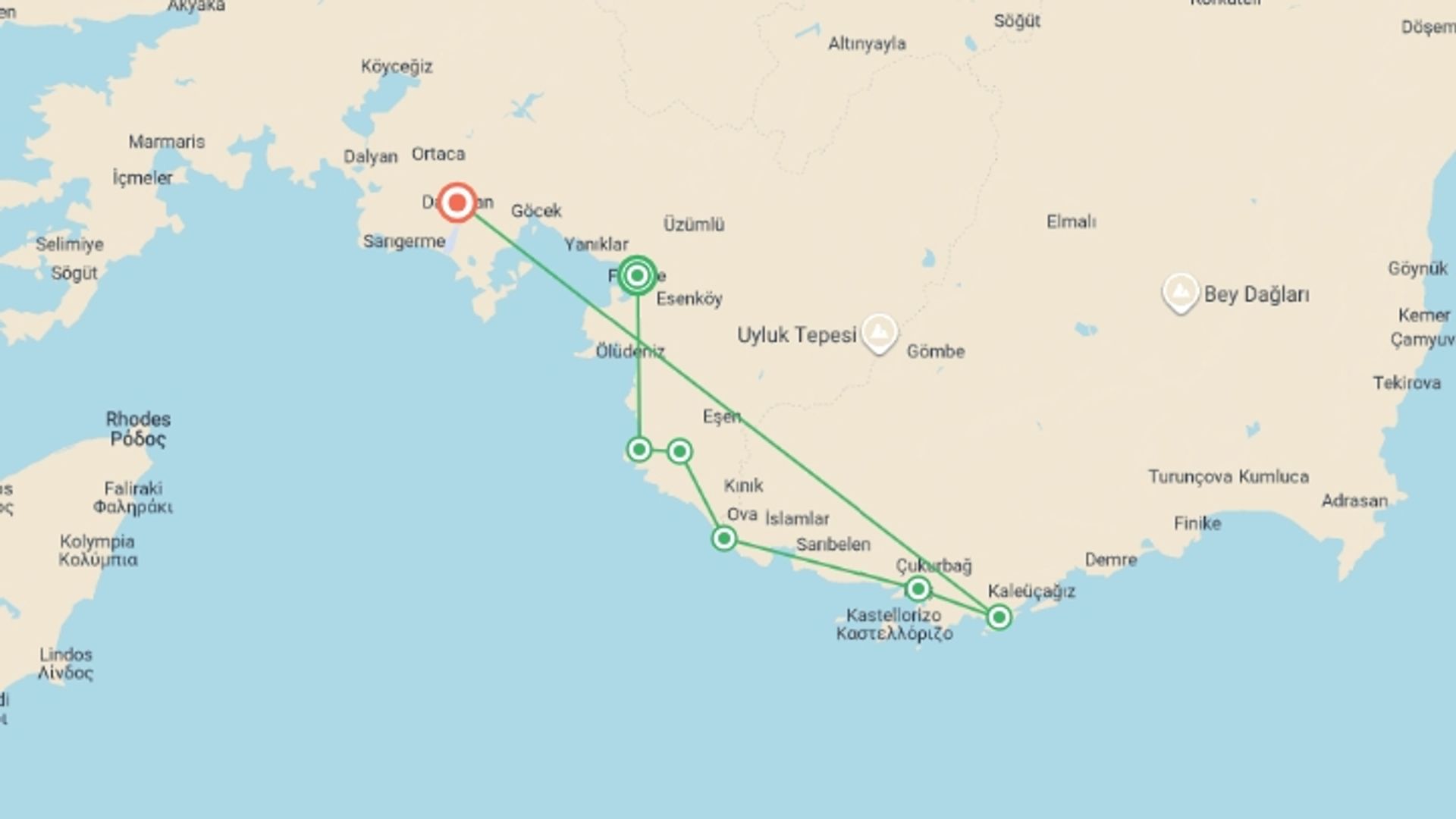 A map showing the tour itinerary for the trip: Hiking Turkey's Lycian Way, starting in Fethiye, Turkey and ending in Dalaman, Turkey going through 6 other destinations.