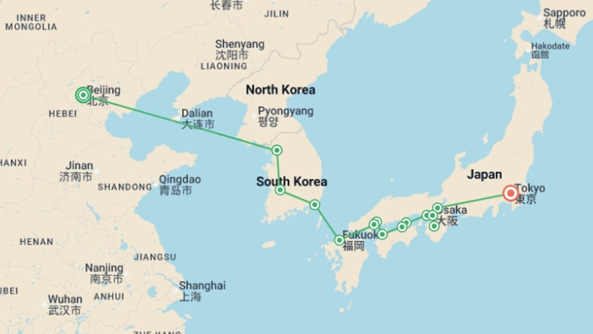 A map showing the tour itinerary for the trip: Beijing and Classics of Korea and Japan End Tokyo, starting in Beijing, China and ending in Tokyo, Japan going through 9 other destinations.