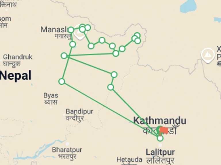 Map itinerary of Nepal Tour in Winter with 19 destination visits for the trip: Manaslu-Tsum Valley trek