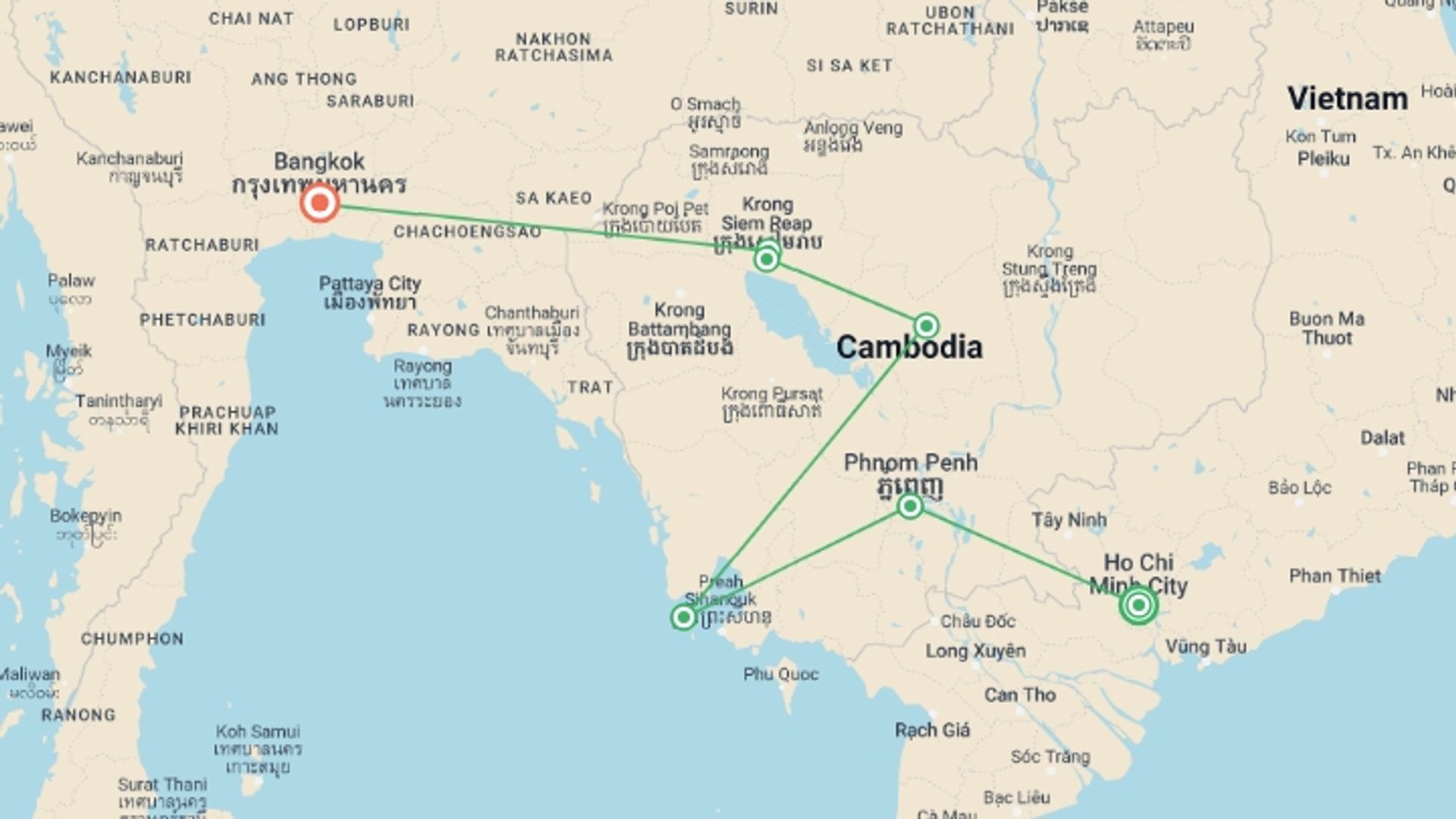 A map showing the tour itinerary for the trip: Real Cambodia, starting in Ho Chi Minh City, Vietnam and ending in Bangkok, Thailand going through 5 other destinations.