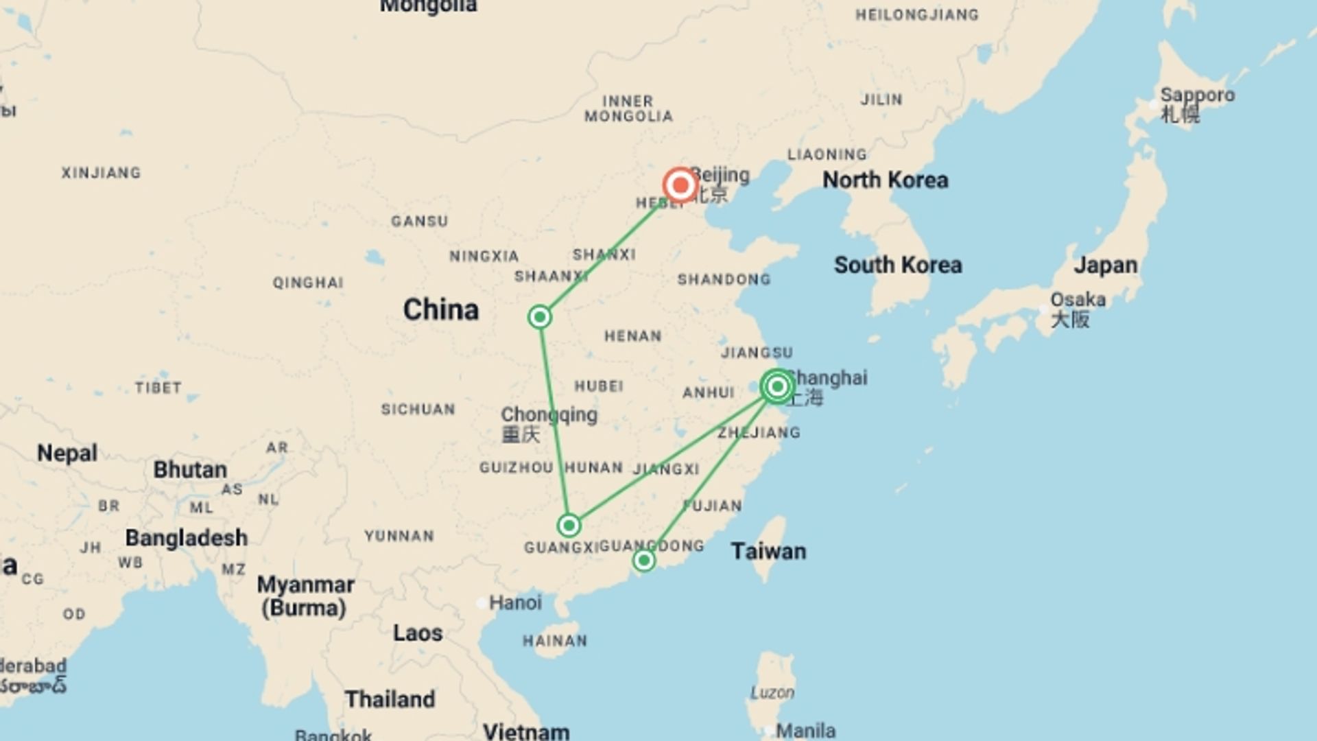 A map showing the tour itinerary for the trip: Premium China, starting in Shanghai, China and ending in Beijing, China going through 3 other destinations.