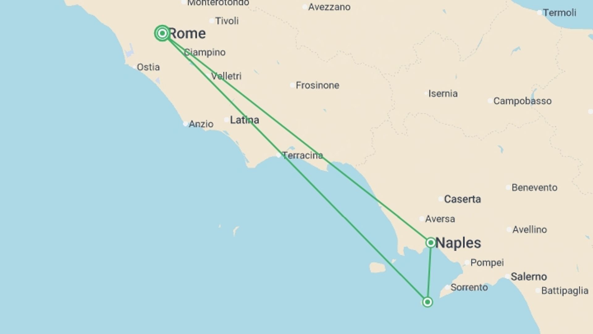 A map showing the tour itinerary for the trip: Beautiful Campania, starting in Rome, Italy and ending in Rome, Italy going through 1 other destinations.