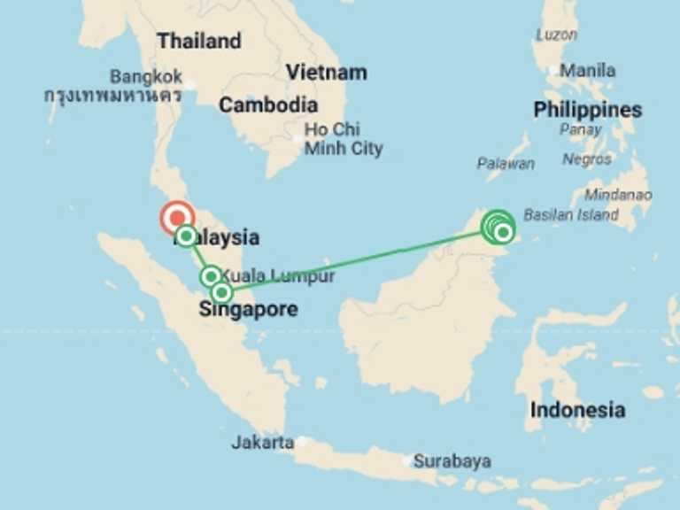 Map of Asia Tour with 7 destination visits for the trip: Borneo & the Malaysian Peninsula