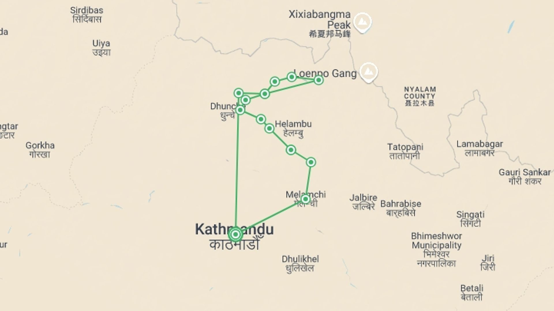 A map showing the tour itinerary for the trip: Langtang, Gosainkunda and Helambu 17 Days, starting in Kathmandu, Nepal and ending in Kathmandu, Nepal going through 14 other destinations.