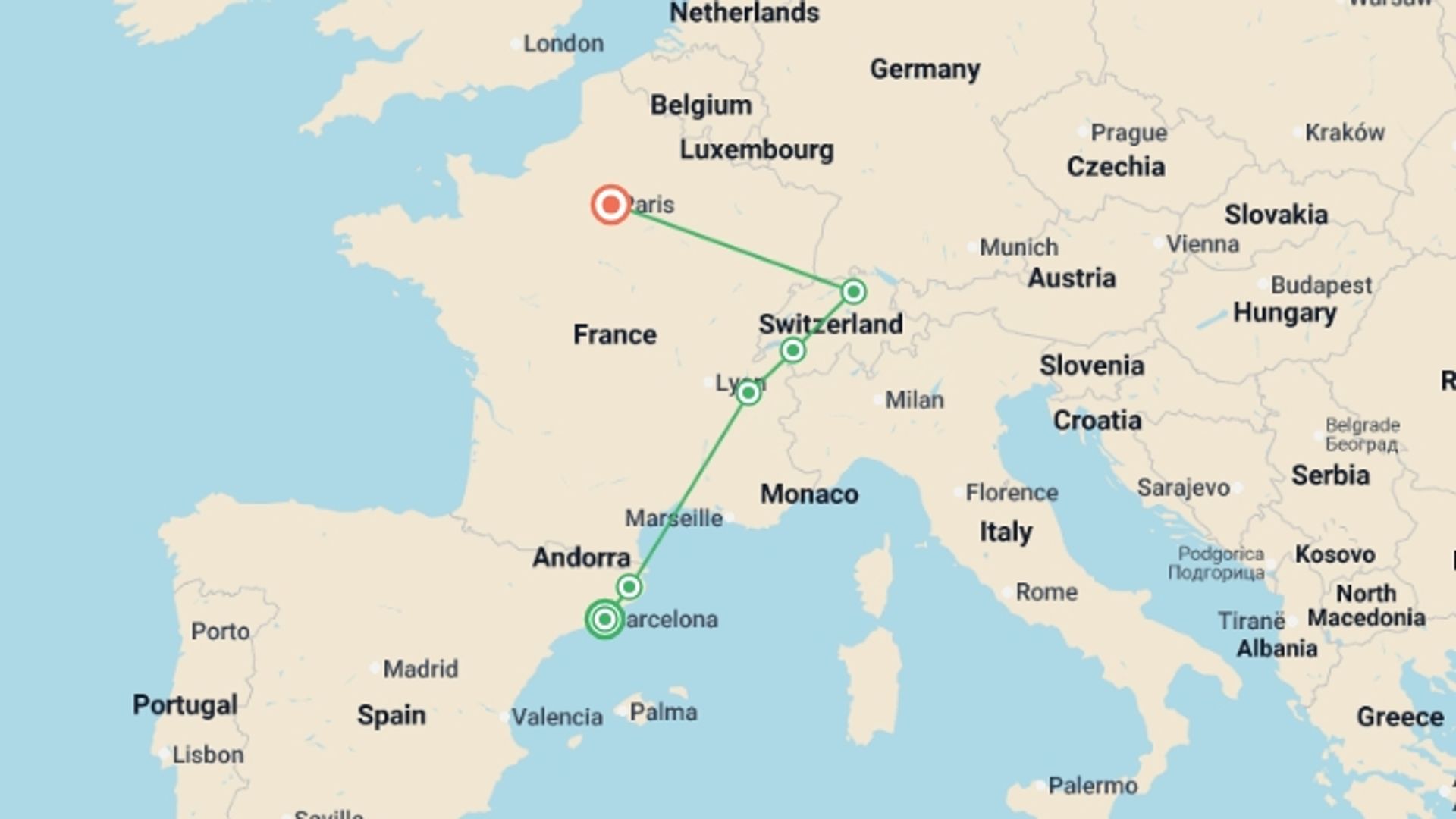 A map showing the tour itinerary for the trip: Barcelona to Zurich with Paris, starting in Barcelona, Spain and ending in Paris, France going through 4 other destinations.