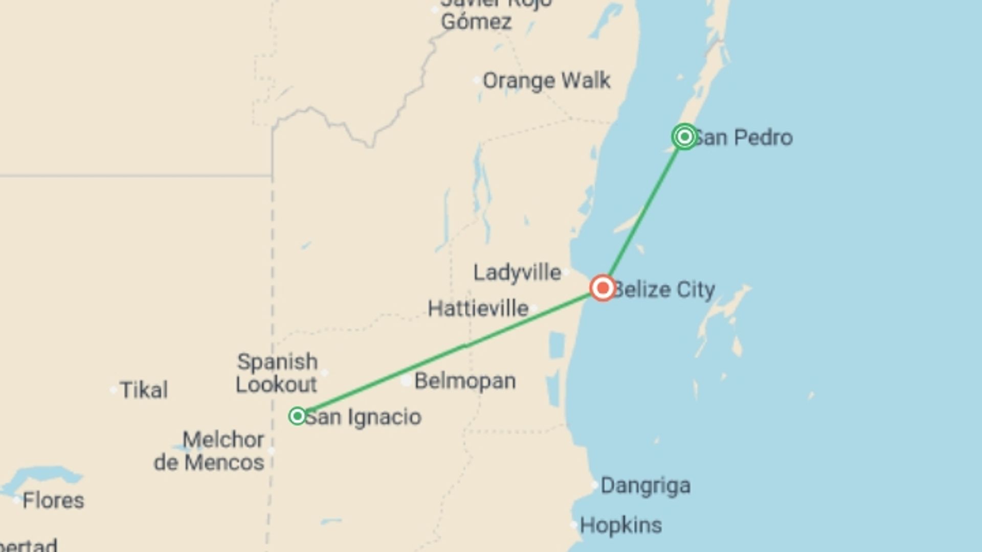 A map showing the tour itinerary for the trip: Belize: See & Experience it all in 10 days, Luxury Tour, starting in San Pedro, Belize and ending in Belize City, Belize going through 2 other destinations.