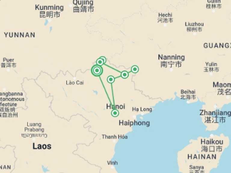 Map of Ha Giang Trekking and Hiking Tour with 6 destination visits for the trip: Off The Beaten Path North Vietnam 6 Days 5 Nights