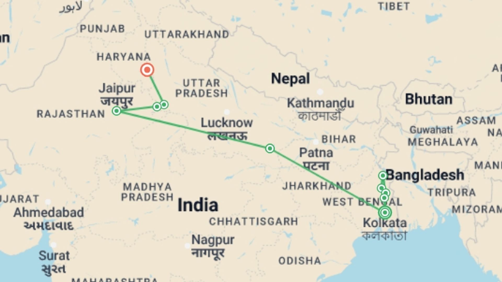 A map showing the tour itinerary for the trip: Cruise on the Ganges between Kolkata and Varanasi & the splendors of Rajasthan (port-to-port cruise), starting in Kolkata, undefined and ending in New Delhi, India going through 5 other destinations.