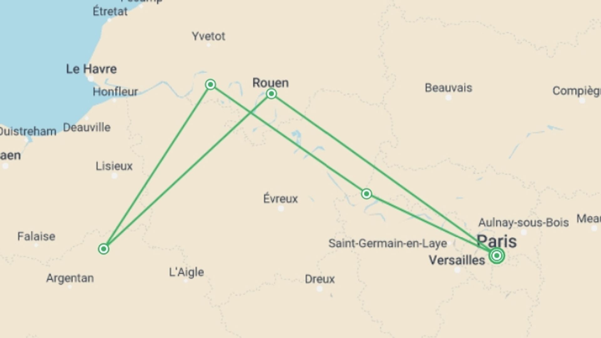 A map showing the tour itinerary for the trip: Authentic Normandy: Charming Villages, Traditional Food, and Classic Sites (port-to-port cruise), starting in Paris, France and ending in Paris, France going through 4 other destinations.