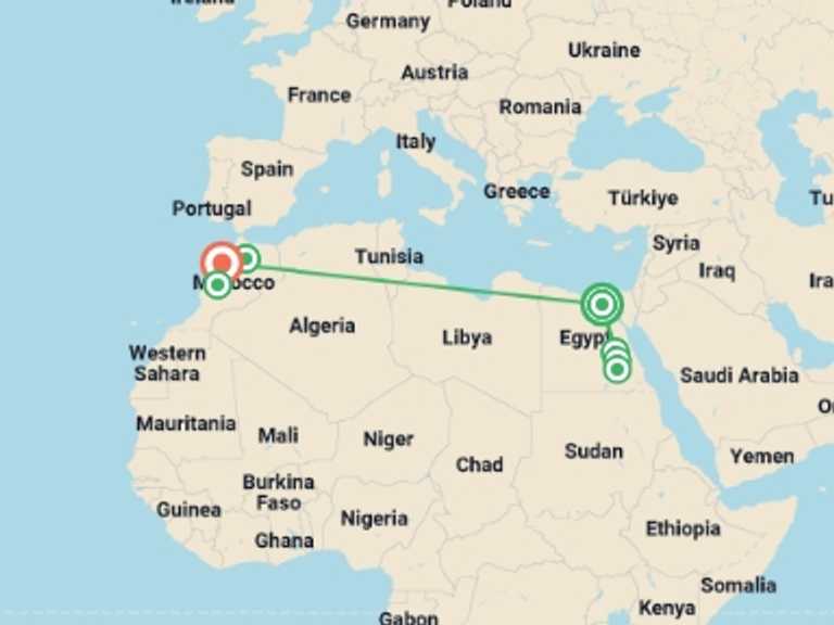 Map itinerary of Luxor Tour in Spring with 7 destination visits for the trip: Discover the Best of Egypt and Morocco
