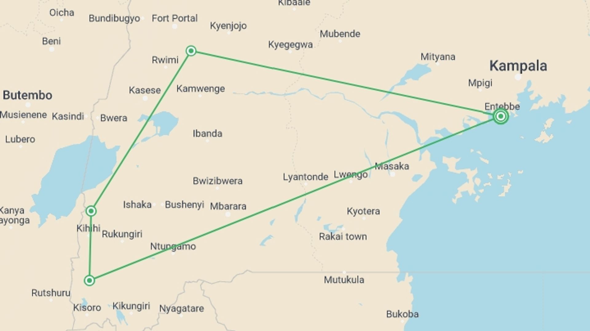 A map showing the tour itinerary for the trip: 7 Days Primate and Game Safari, starting in Entebbe, Uganda and ending in Entebbe, Uganda going through 3 other destinations.