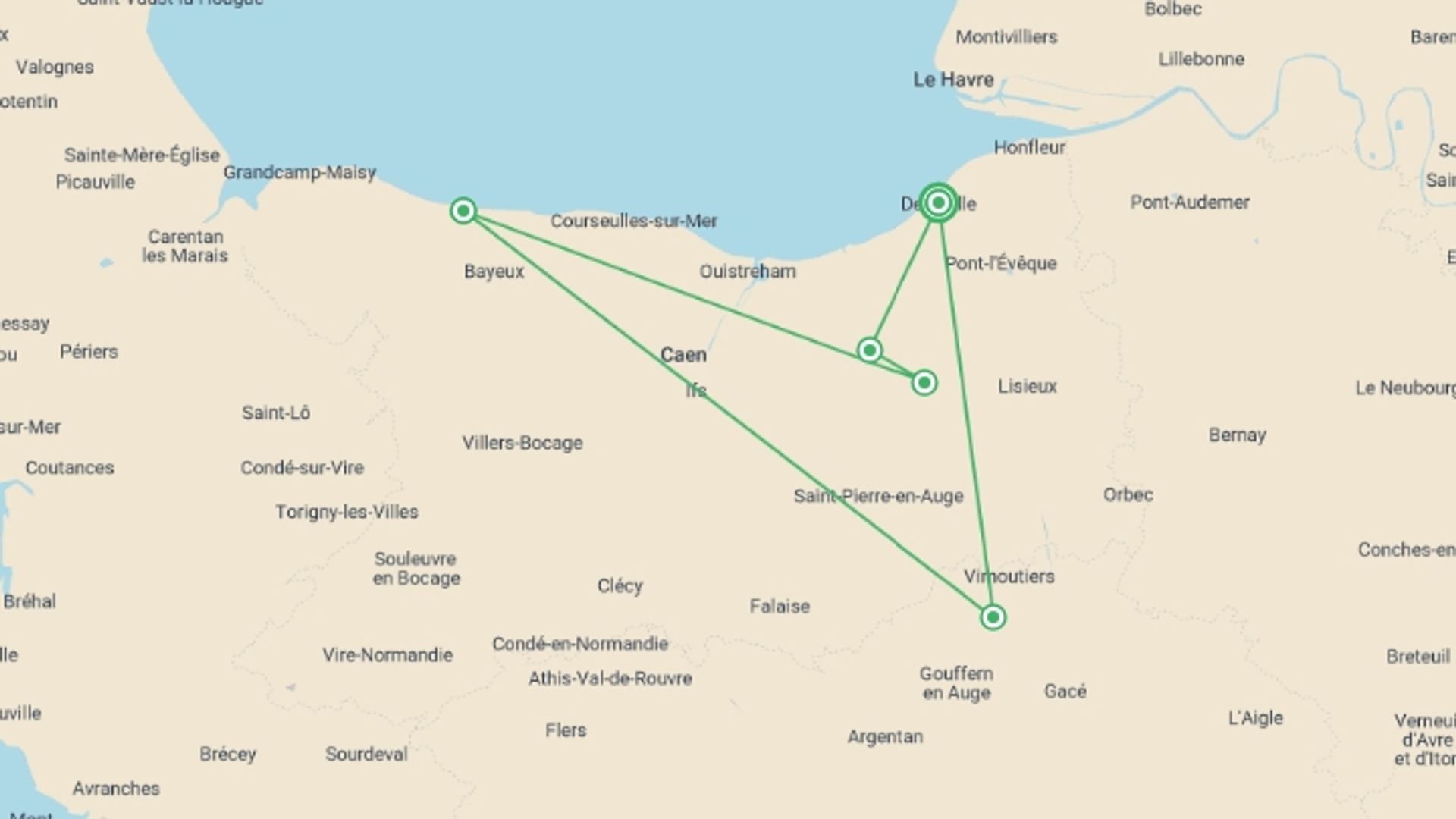 A map showing the tour itinerary for the trip: Normandy on Foot, starting in Deauville, France and ending in Deauville, France going through 4 other destinations.