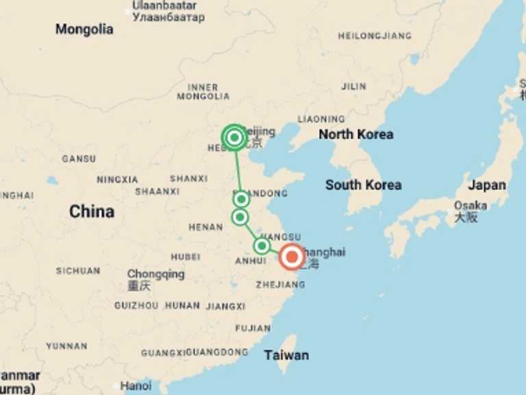 Map itinerary of China Tour in January 2027 with 5 destination visits for the trip: Spiritual and Modern China