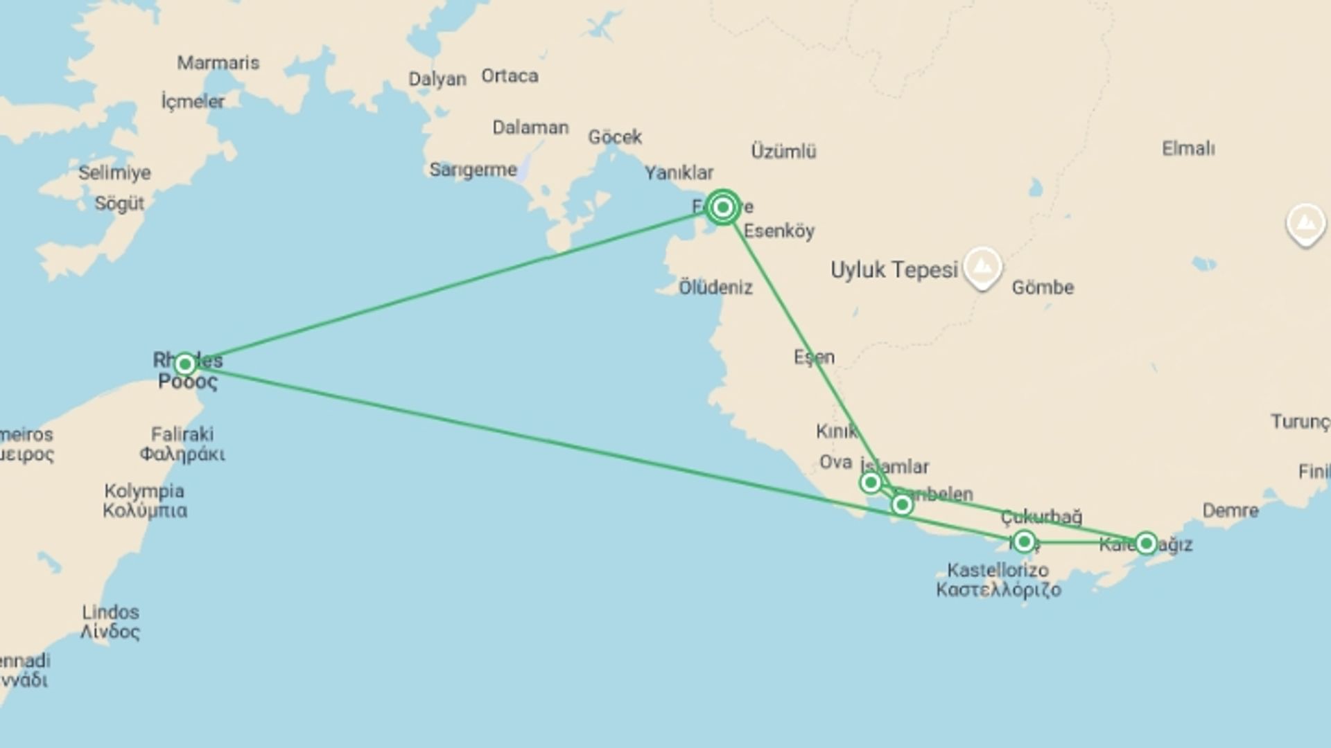 A map showing the tour itinerary for the trip: Turquoise Blue - Fethiye/Kekova/Fethiye, starting in Fethiye, Turkey and ending in Fethiye, Turkey going through 5 other destinations.