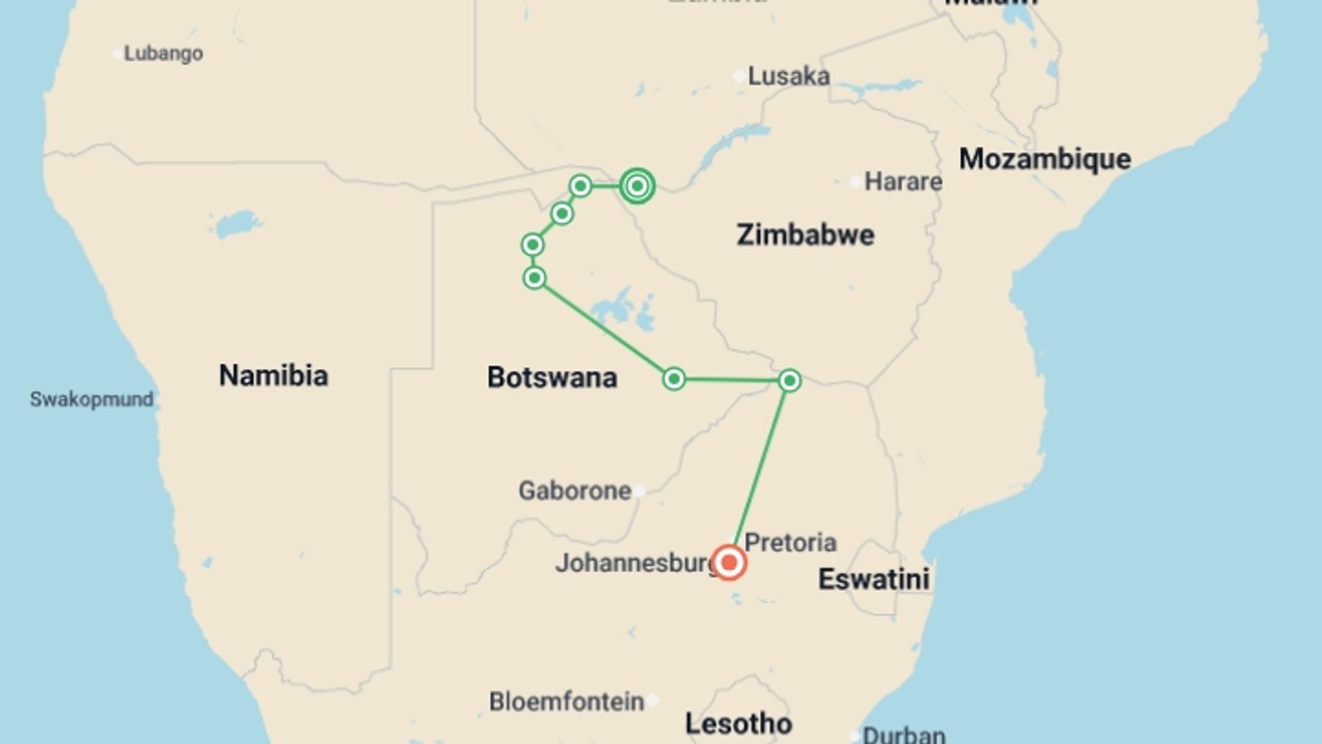 A map showing the tour itinerary for the trip: Botswana Adventure & Falls Southbound - 12 days, starting in Victoria Falls, Zimbabwe and ending in Johannesburg, South Africa going through 6 other destinations.