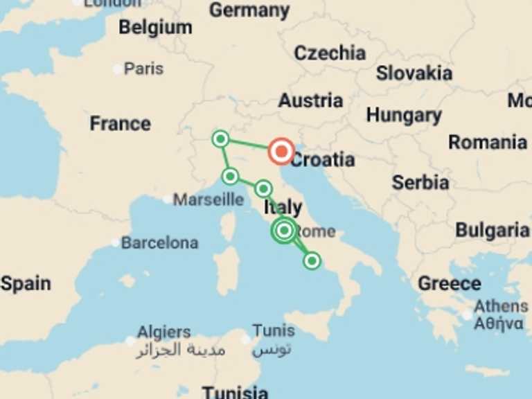 Map itinerary of Italy Tour in June 2026 with 6 destination visits for the trip: Treasures of Italy