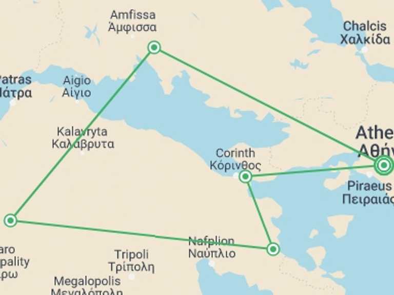 Map itinerary of Athens Tour in October 2026 with 3 destination visits for the trip: Treasures Of Classical Greece: Nafplion, Olympia, Delphi