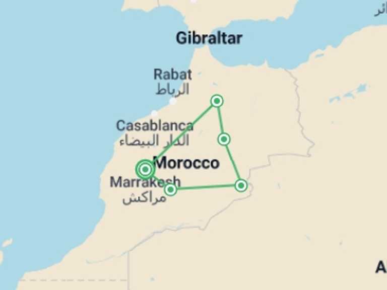 Map itinerary of Marrakech Tour in Summer with 6 destination visits for the trip: Sahara And Big South, Private Tour
