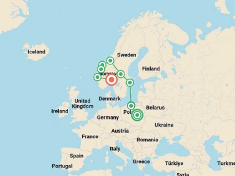 Map of Scandinavia Tour with 10 destination visits for the trip: Fabulous Poland and Fjords End Oslo