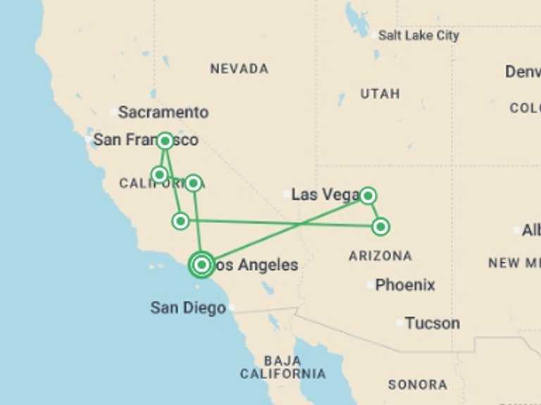 Map itinerary of USA Tour in December 2026 with 4 destination visits for the trip: Los Angeles, Las Vegas with National Parks ROT