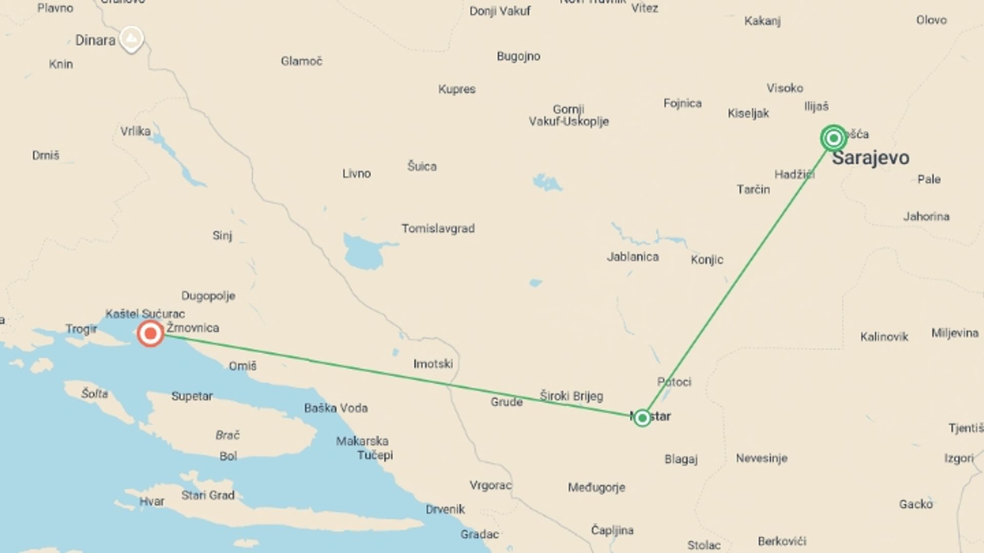 A map showing the tour itinerary for the trip: Sarajevo to Split - 4 days, starting in Sarajevo, Bosnia Herzegovina and ending in Split, Croatia going through 1 other destinations.