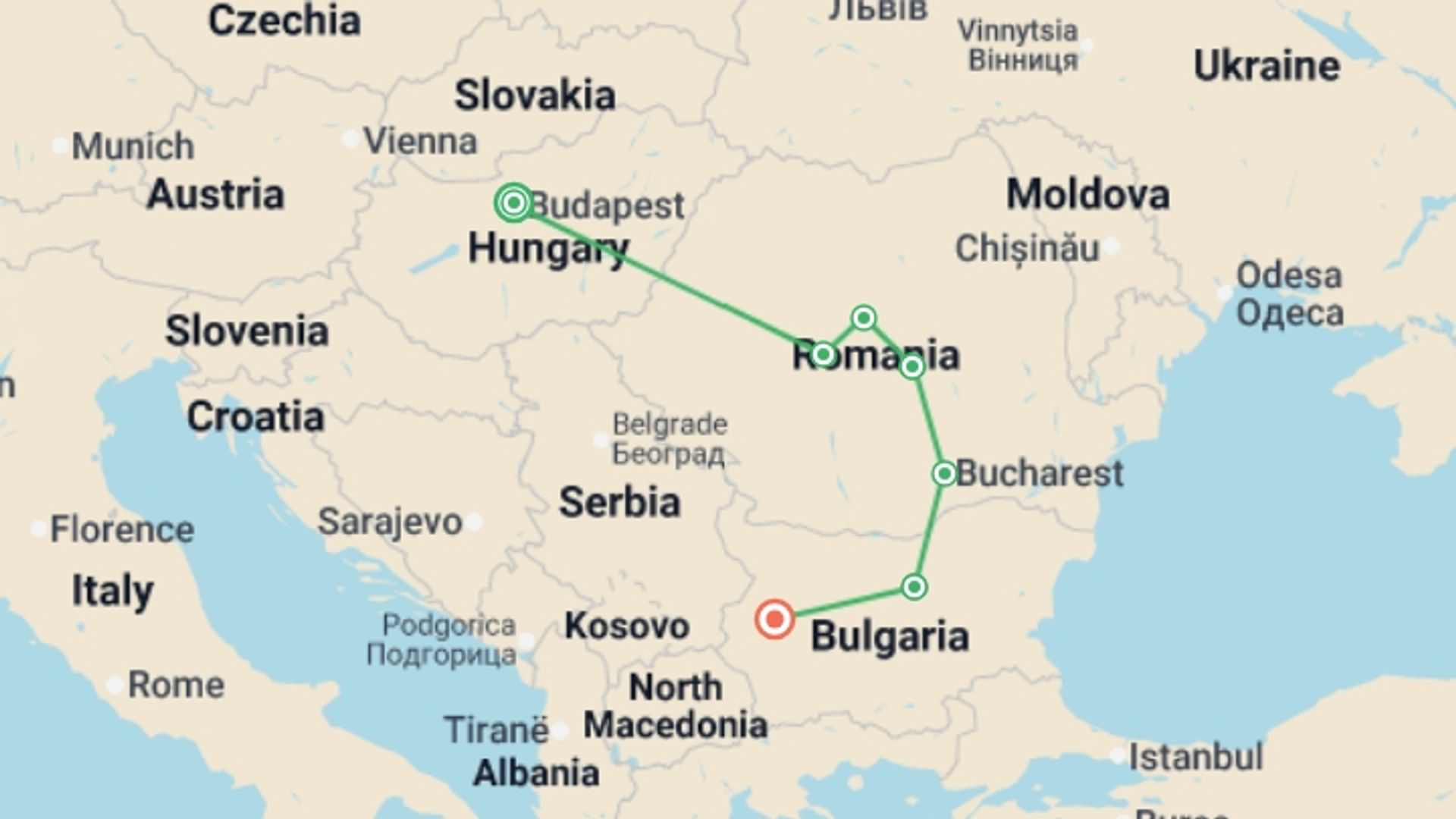 A map showing the tour itinerary for the trip: Budapest to Sofia Adventure, starting in Budapest, Hungary and ending in Sofia, Bulgaria going through 5 other destinations.