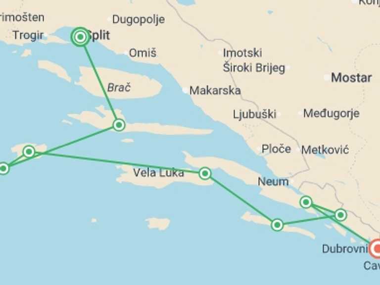 Map itinerary of Mediterranean Tour in April 2026 with 7 destination visits for the trip: Jewels of the Adriatic from Split (Deluxe Superior) - 8 days