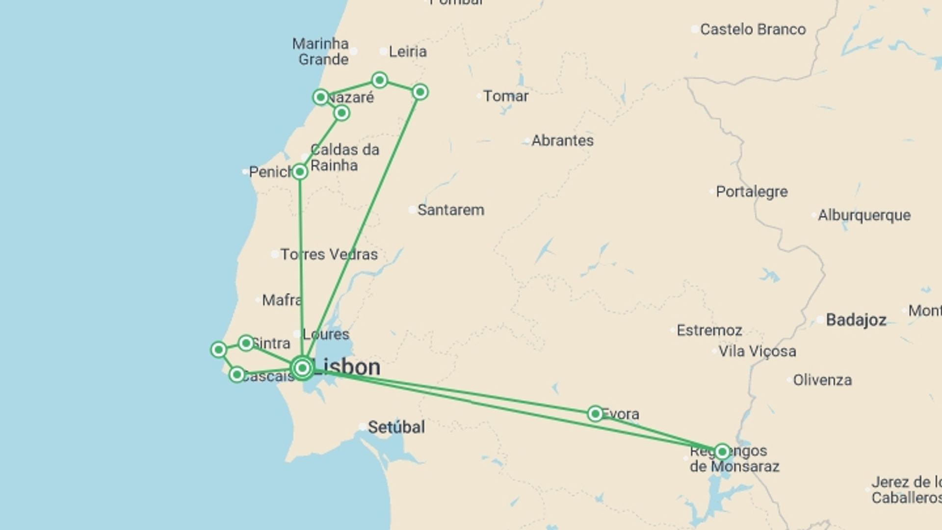 A map showing the tour itinerary for the trip: Wonders Of Portugal, starting in Lisbon, Portugal and ending in Lisbon, Portugal going through 0 other destinations.