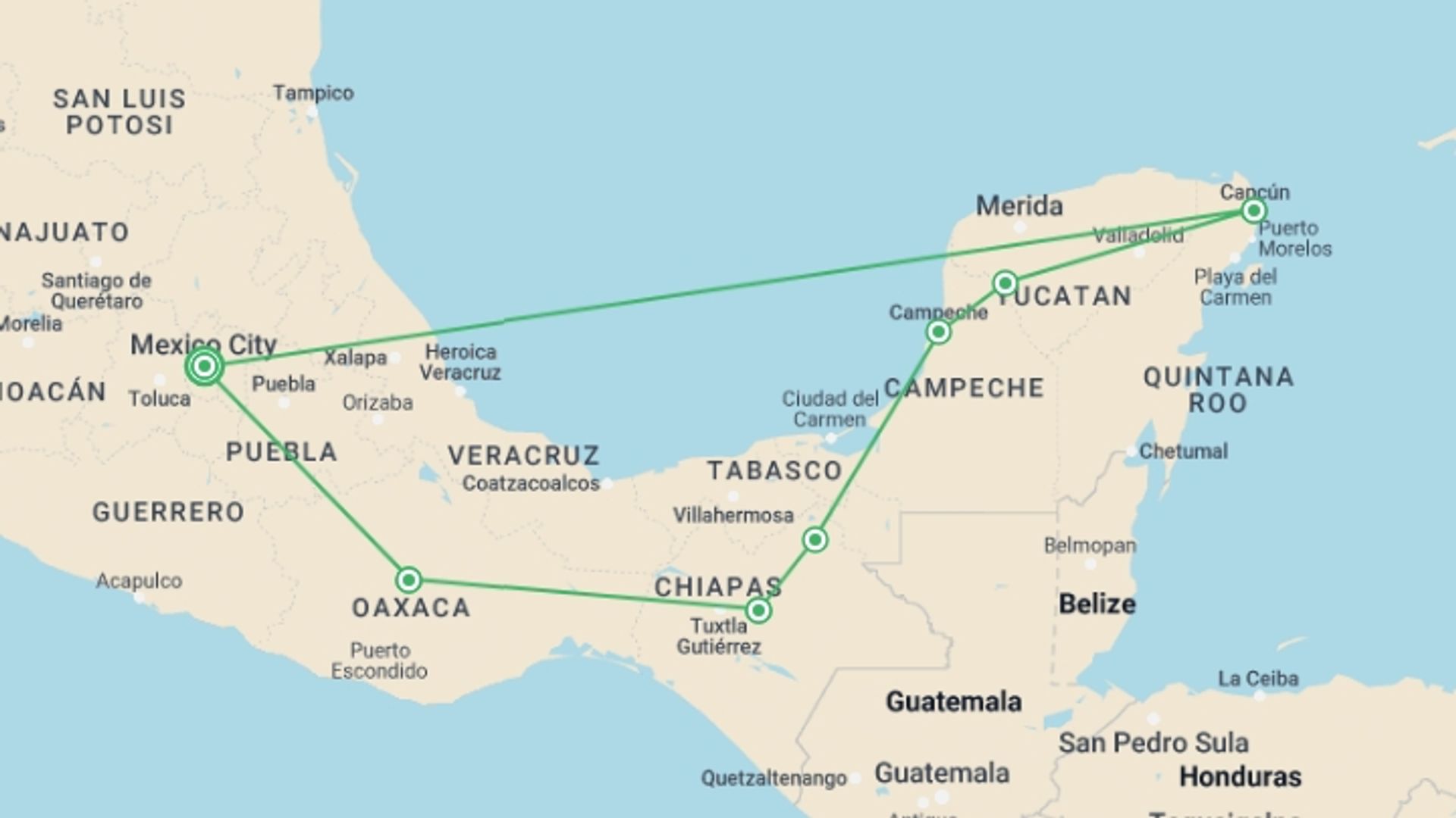 A map showing the tour itinerary for the trip: Highlights of Mexico, starting in Mexico City, Mexico and ending in Mexico City, Mexico going through 6 other destinations.