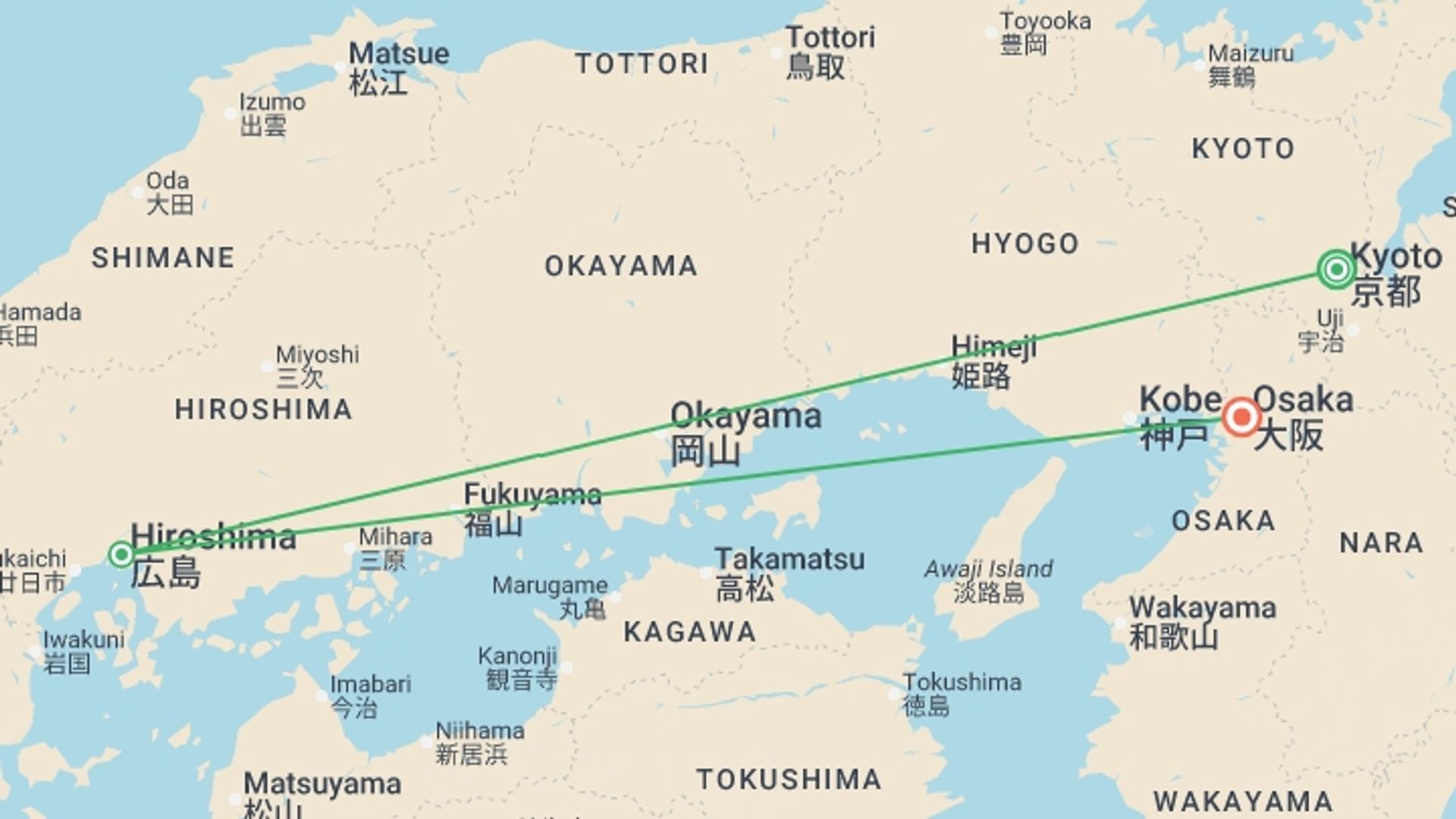 A map showing the tour itinerary for the trip: Japan: Castles & Cuisine, starting in Kyoto, Japan and ending in Osaka, Japan going through 1 other destinations.