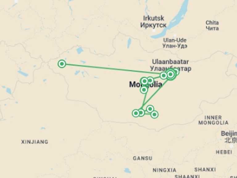 Map of a Festivals and events Tour with 12 destination visits for the trip: Mongolia Golden Eagle Festival